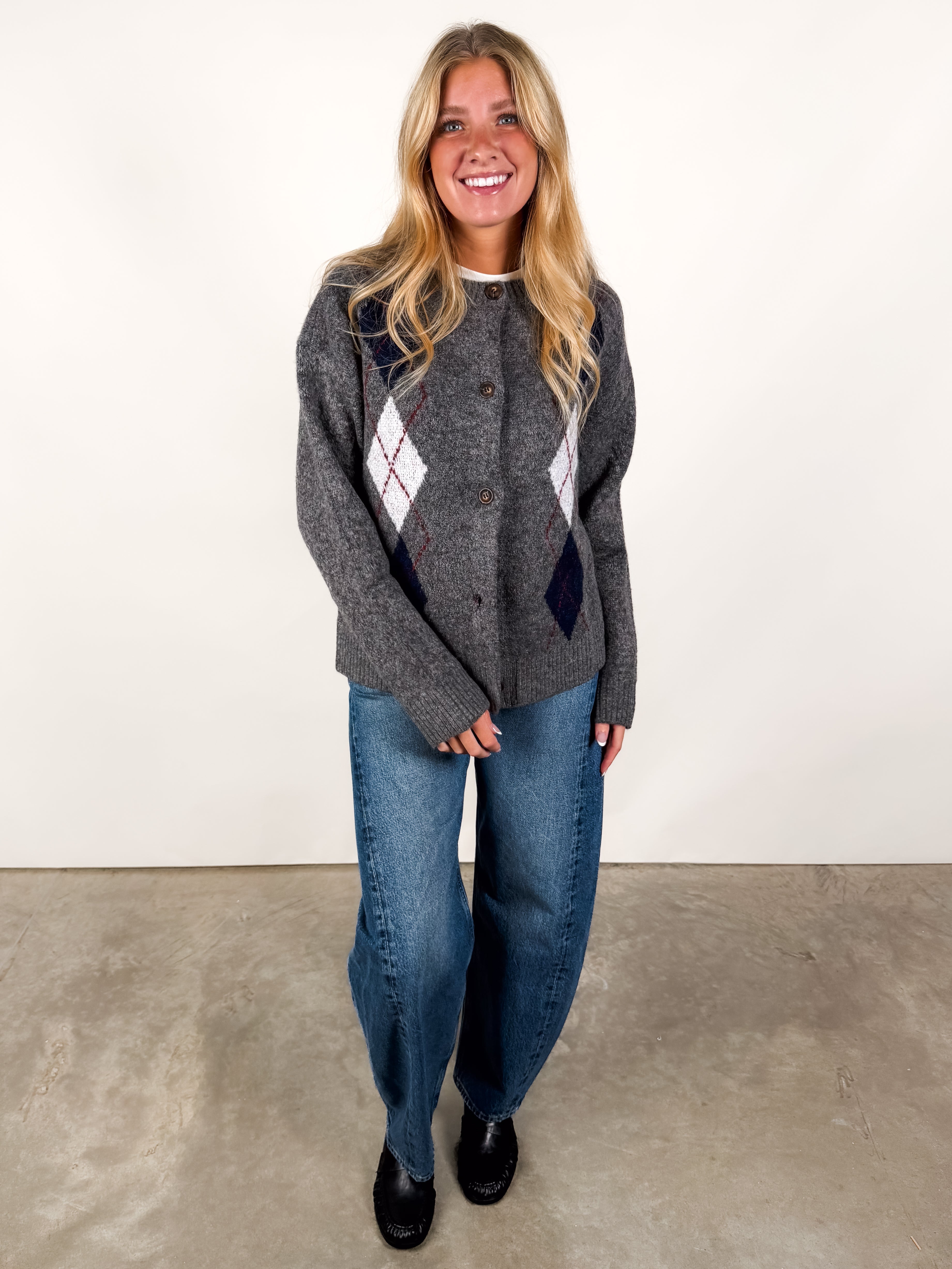 Alexa Button Front Argyle Cardigan Look image