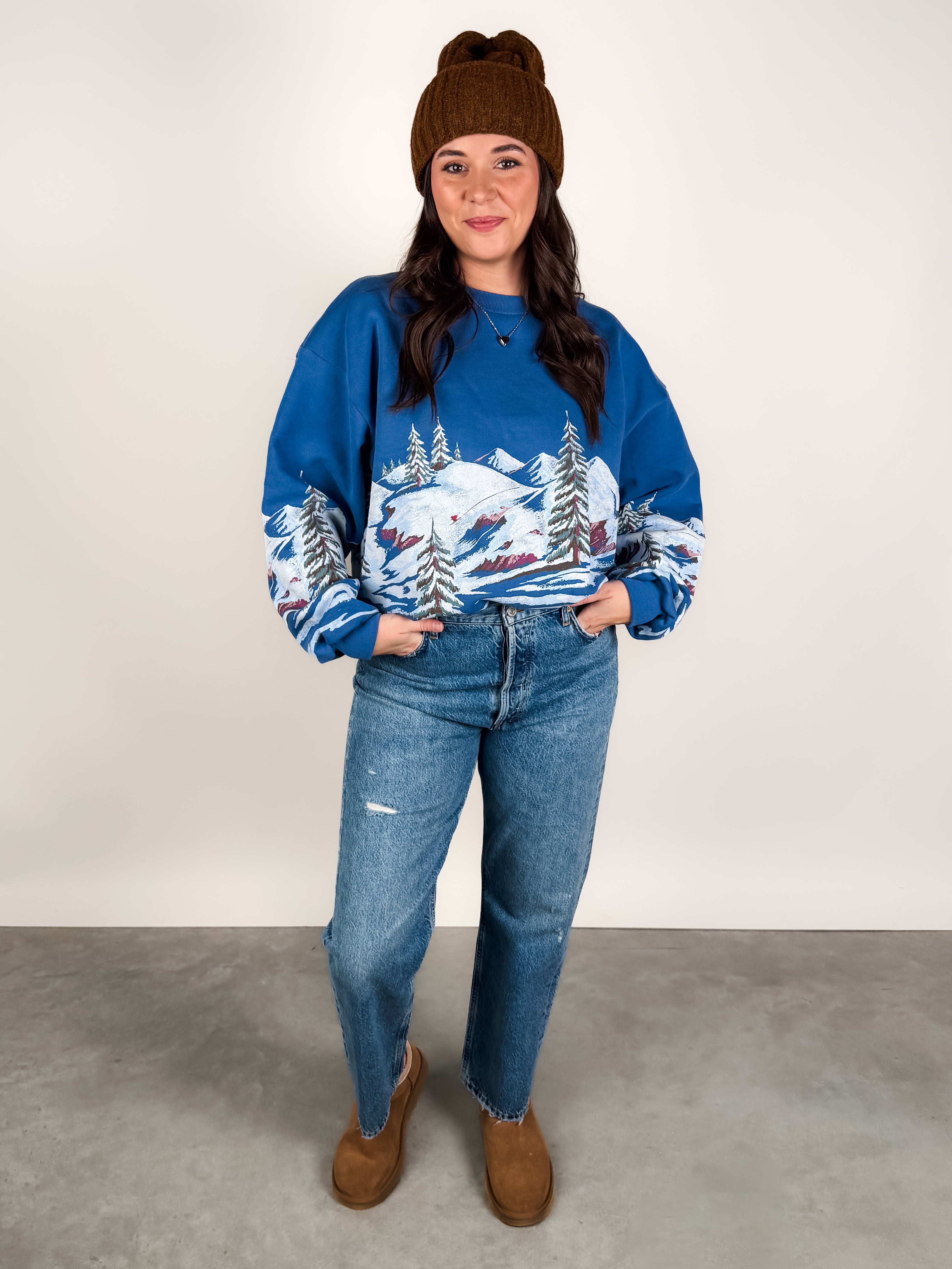 Alpine Ski Scene Oversized Crew Sweatshirt Look image