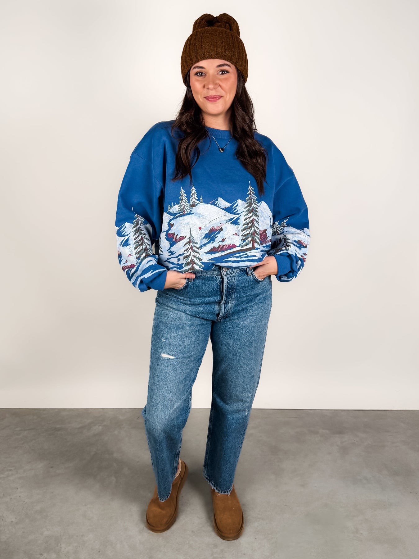 Alpine Ski Scene Oversized Crew Sweatshirt Look