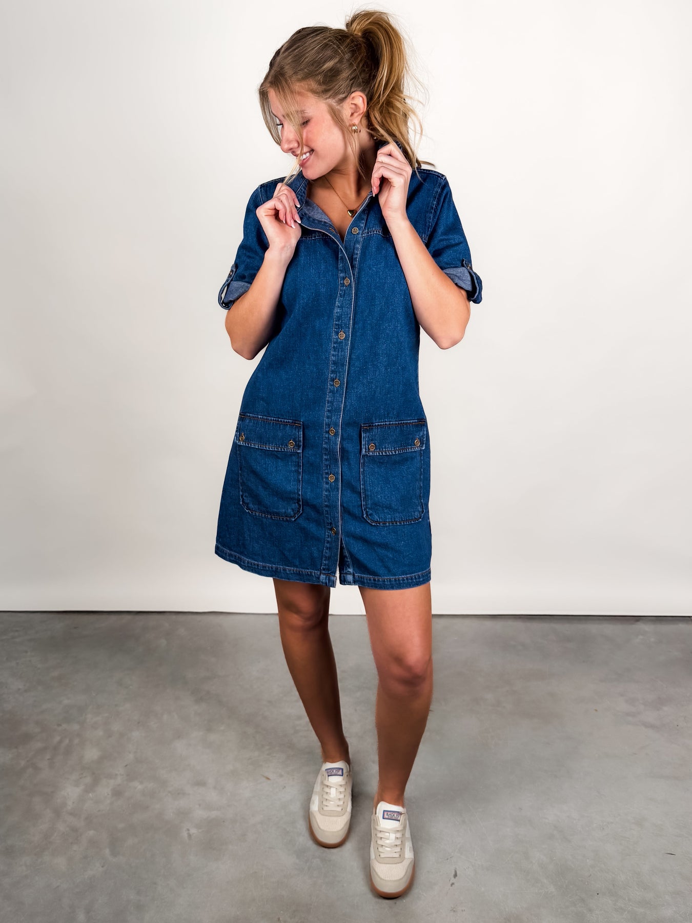 Eliza Rolled Up Sleeve Tab Dress Look