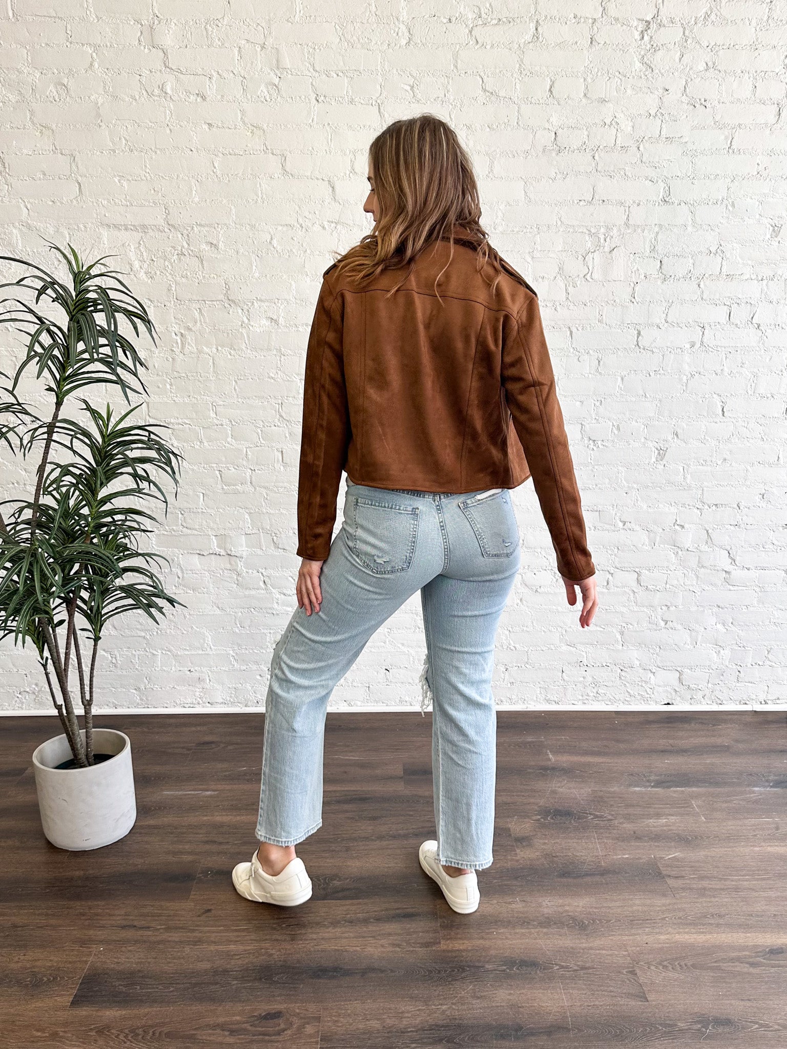 Jackie Bonded Faux Suede Moto Jacket in Whiskey