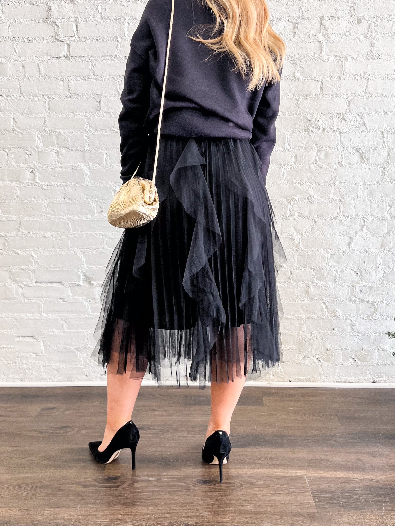 Pleated Ruffled Tulle Midi Skirt