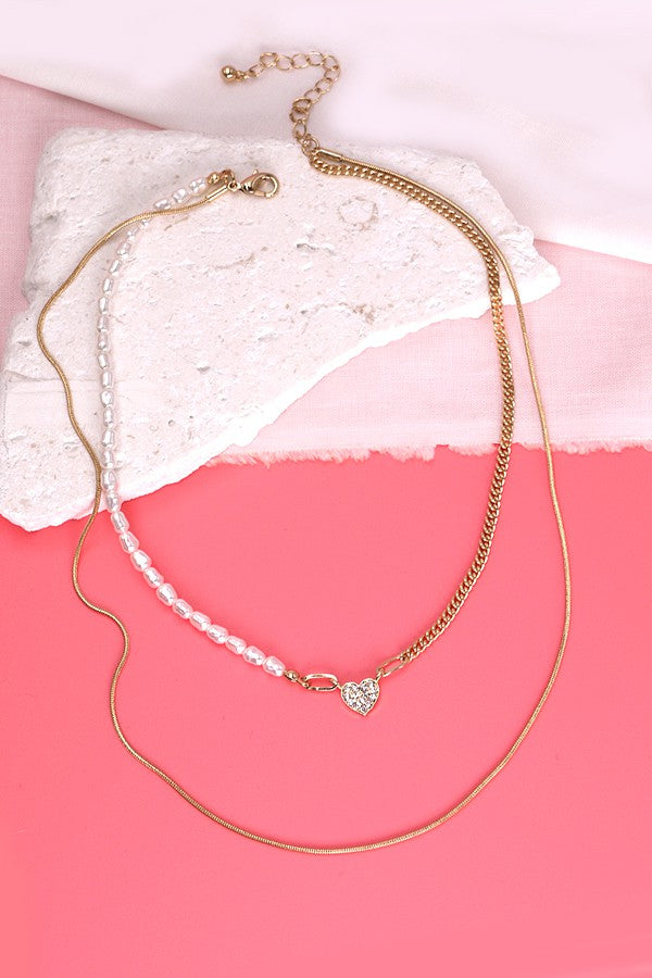 Double Mini Heart Pearl Chain Necklace
