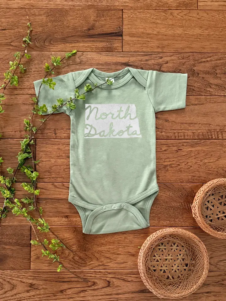 North Dakota Cursive Bodysuit Cactus w/ White Ink