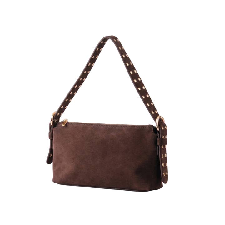 Suede Leather Shoulder Bag W/Studded Strap