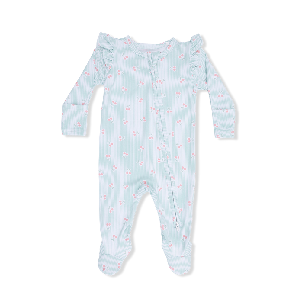 Tiny Cherry Stripe 2 Way Ruffle Sleeve Zipper Footie