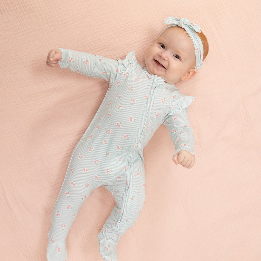 Tiny Cherry Stripe 2 Way Ruffle Sleeve Zipper Footie
