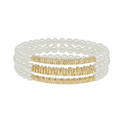 515 Textured Metal  And Pearl Set Of 3 Stretch Braclets