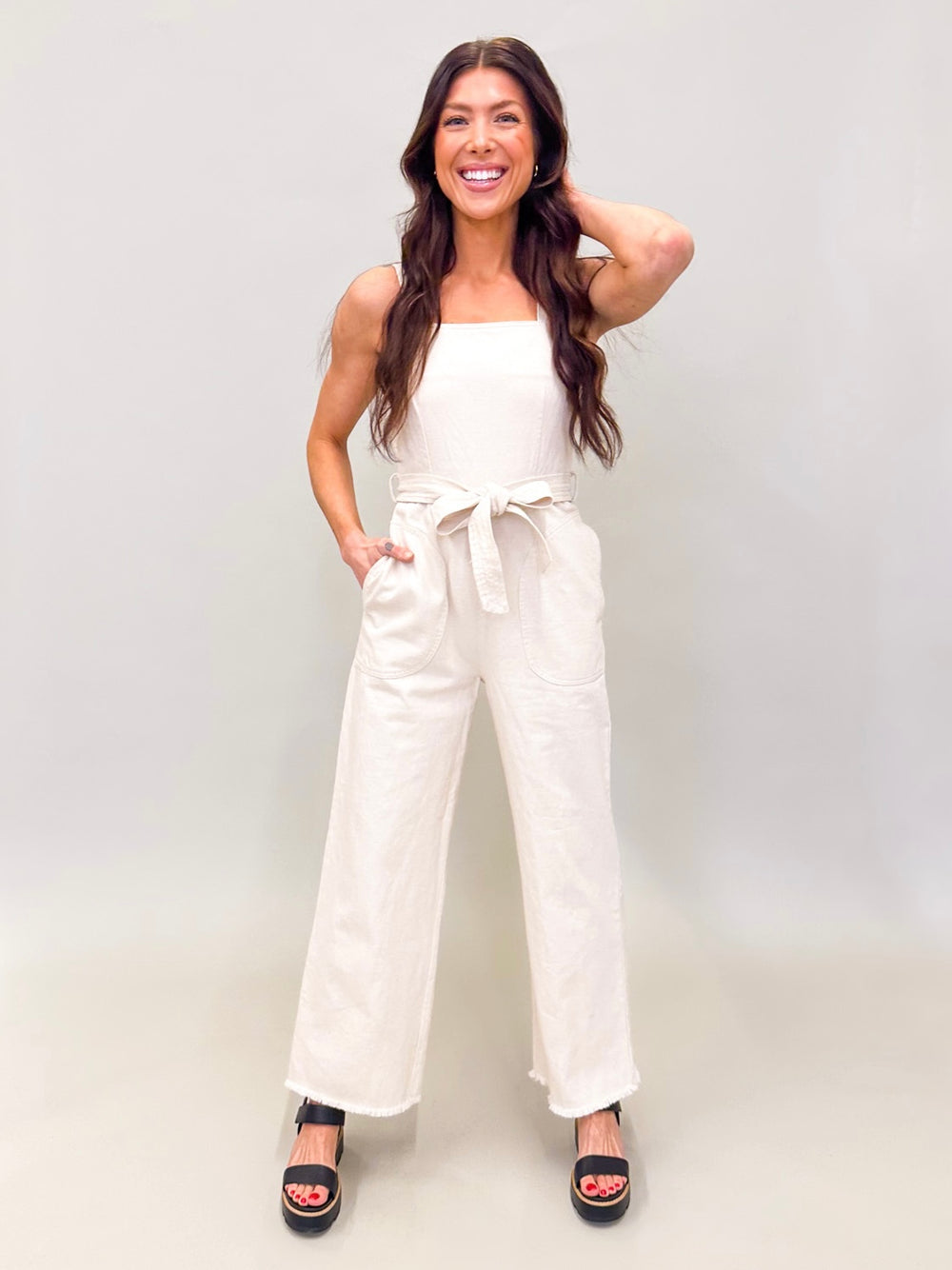 Gia Belted Denim Overalls