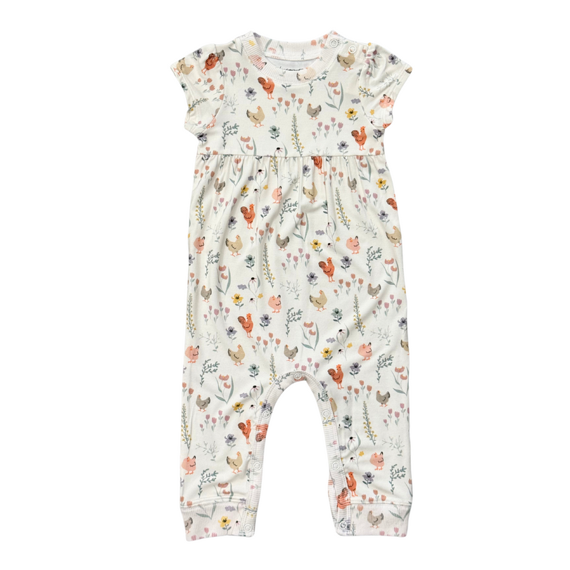 Floral Chickens Girl's Short Sleeve Pant Romper
