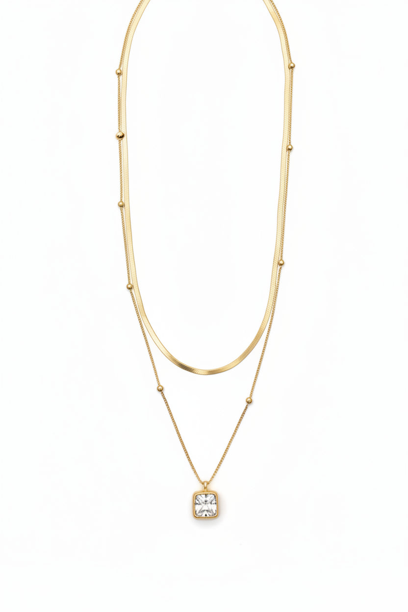 Daphne Double Strand CZ Square Pendant Necklace