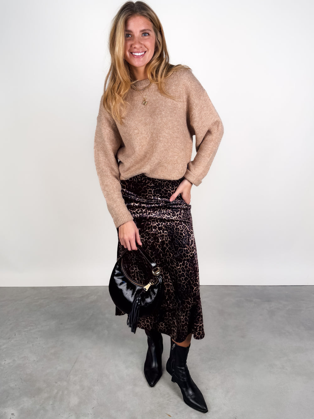 Velvet Leopard Print Midi Skirt