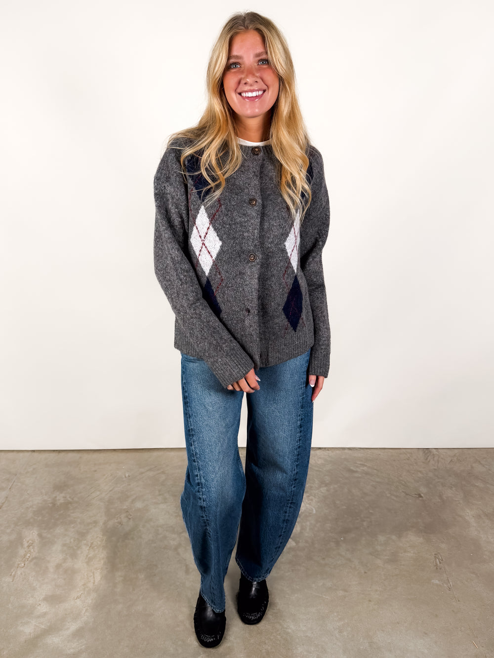 Alexa Button Front Argyle Cardigan