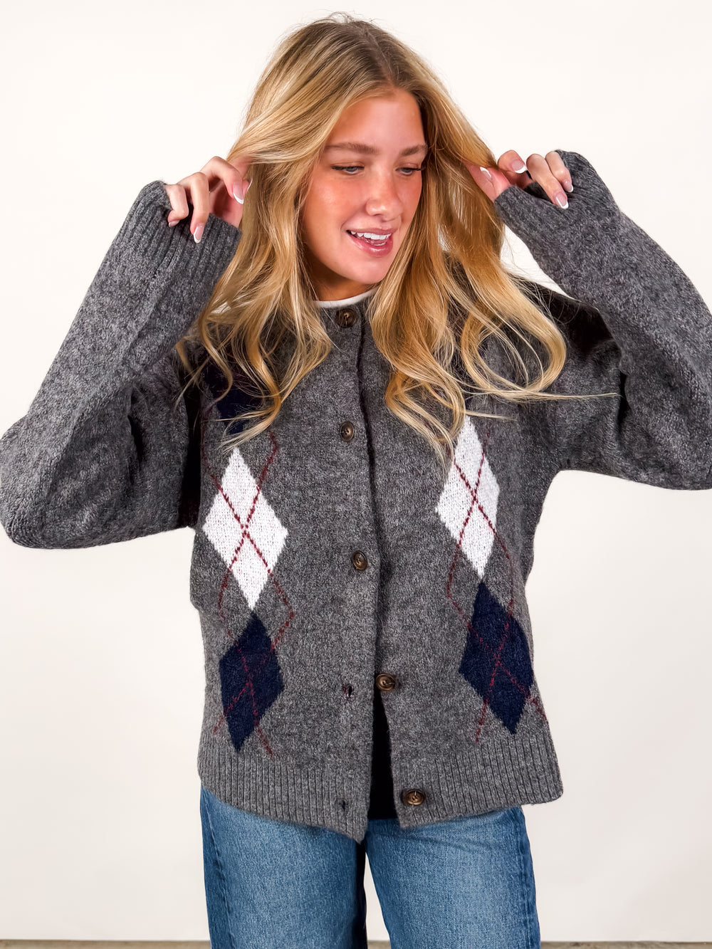 Alexa Button Front Argyle Cardigan