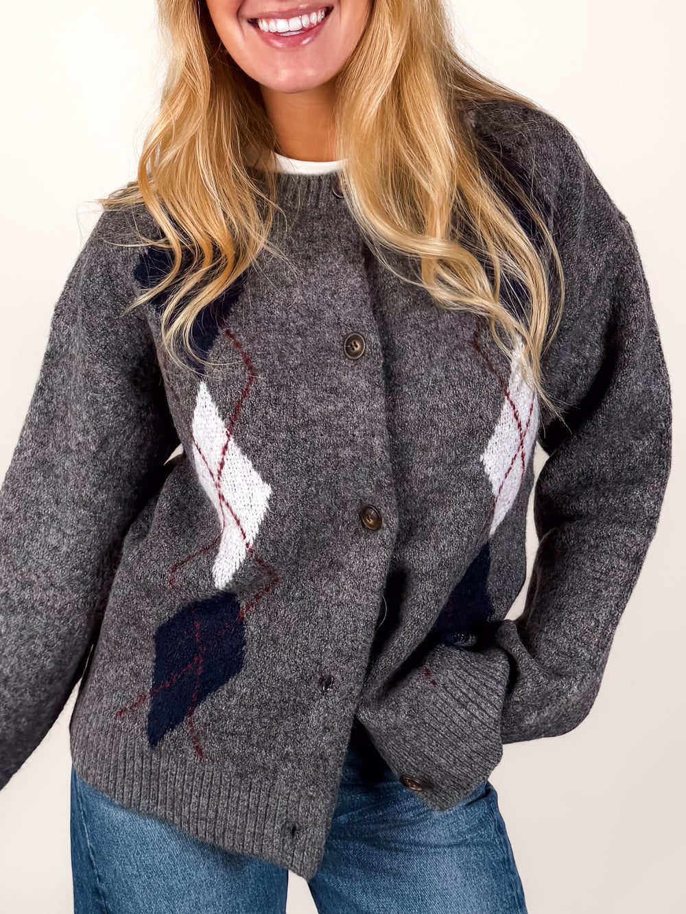 Alexa Button Front Argyle Cardigan