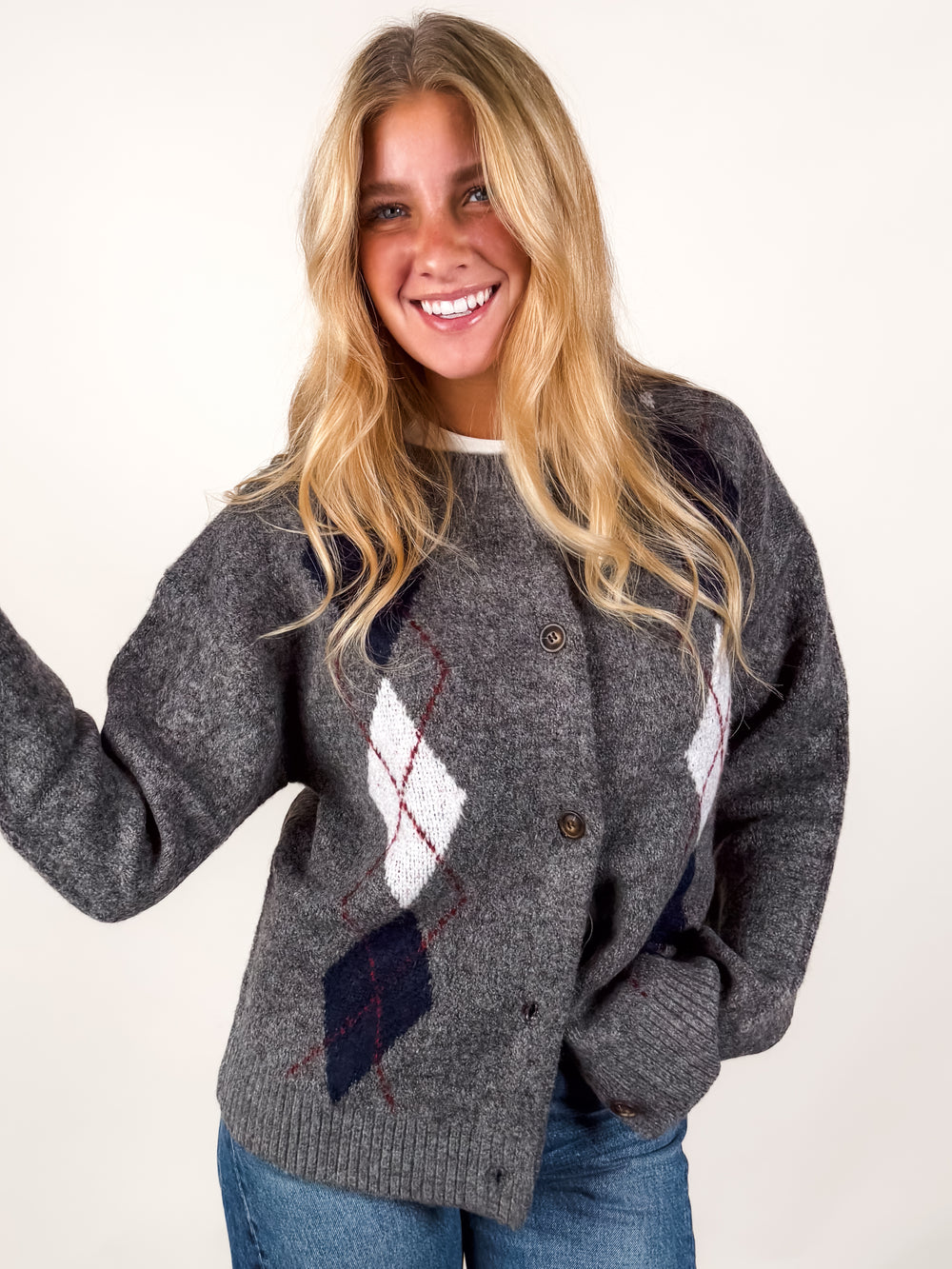 Alexa Button Front Argyle Cardigan