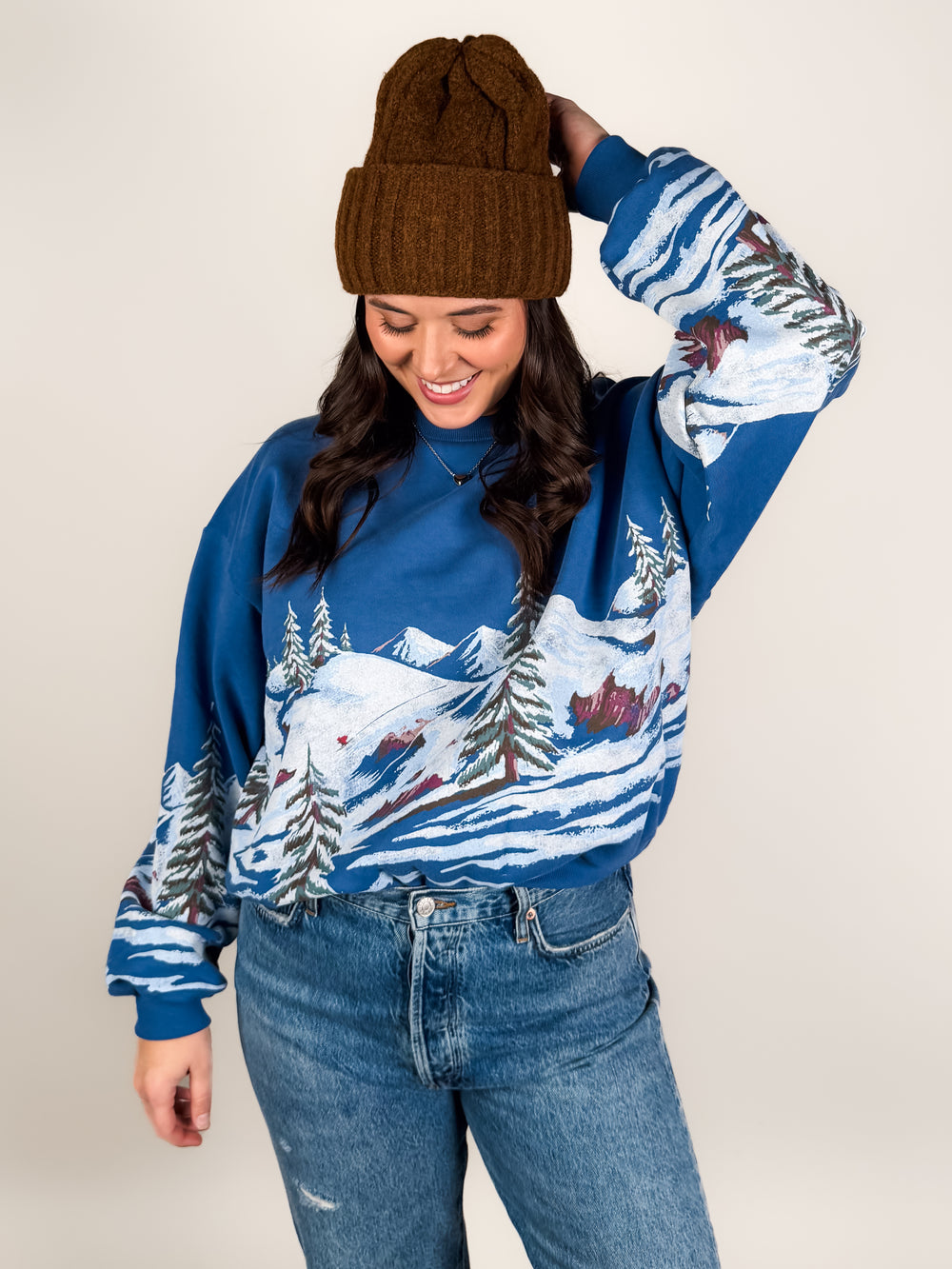 Alpine Ski Scene Oversized Crew Sweatshirt