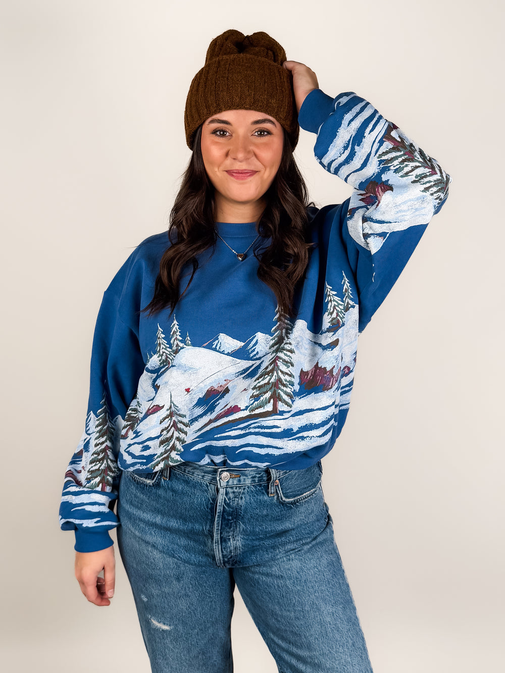 Alpine Ski Scene Oversized Crew Sweatshirt