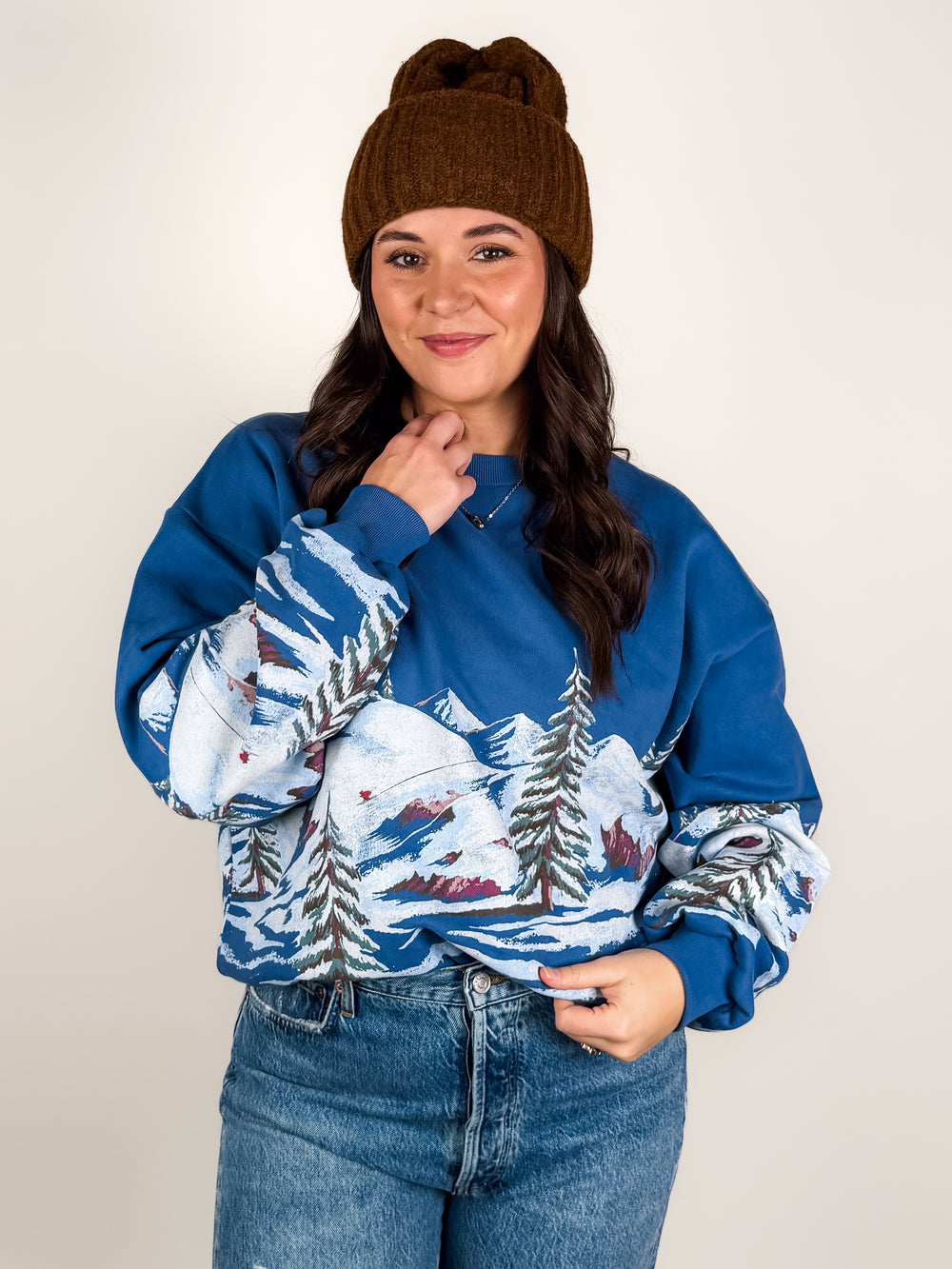 Alpine Ski Scene Oversized Crew Sweatshirt