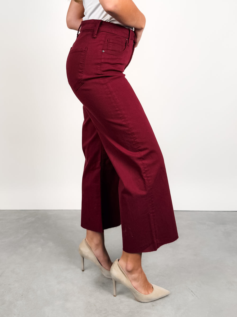 Meg High Rise Fab Ab Wide Leg Raw Hem in Maroon