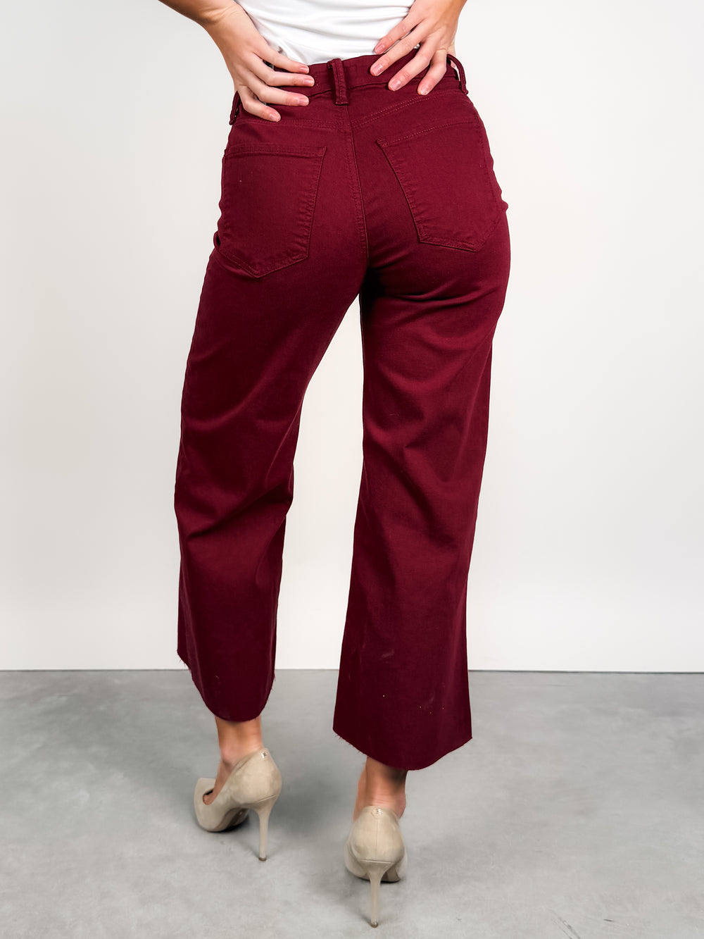 Meg High Rise Fab Ab Wide Leg Raw Hem in Maroon