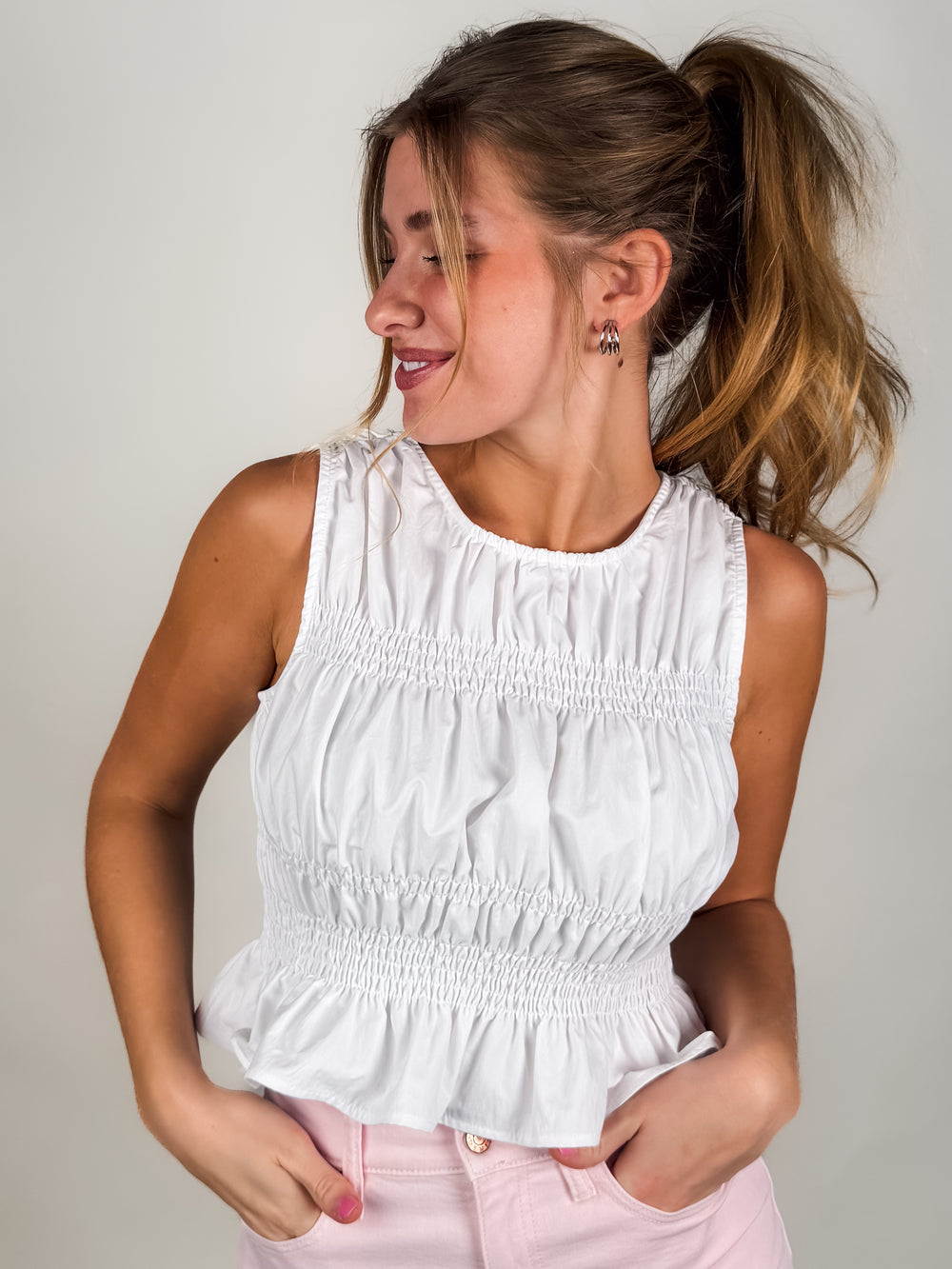 Ruched White Tank Top