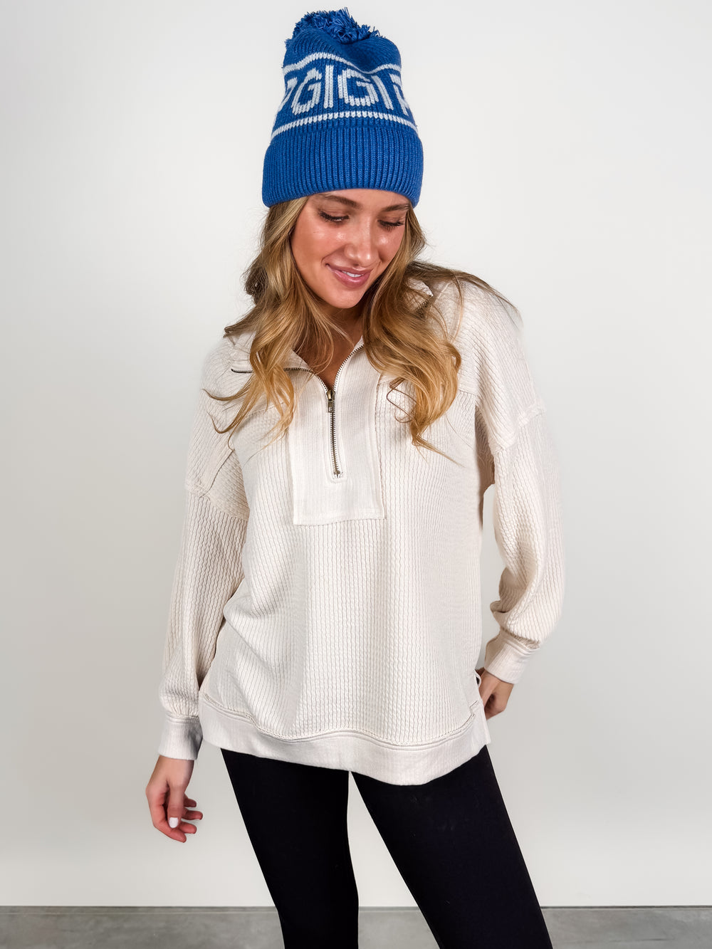 Clouds Half Zip Waffle Knit Top