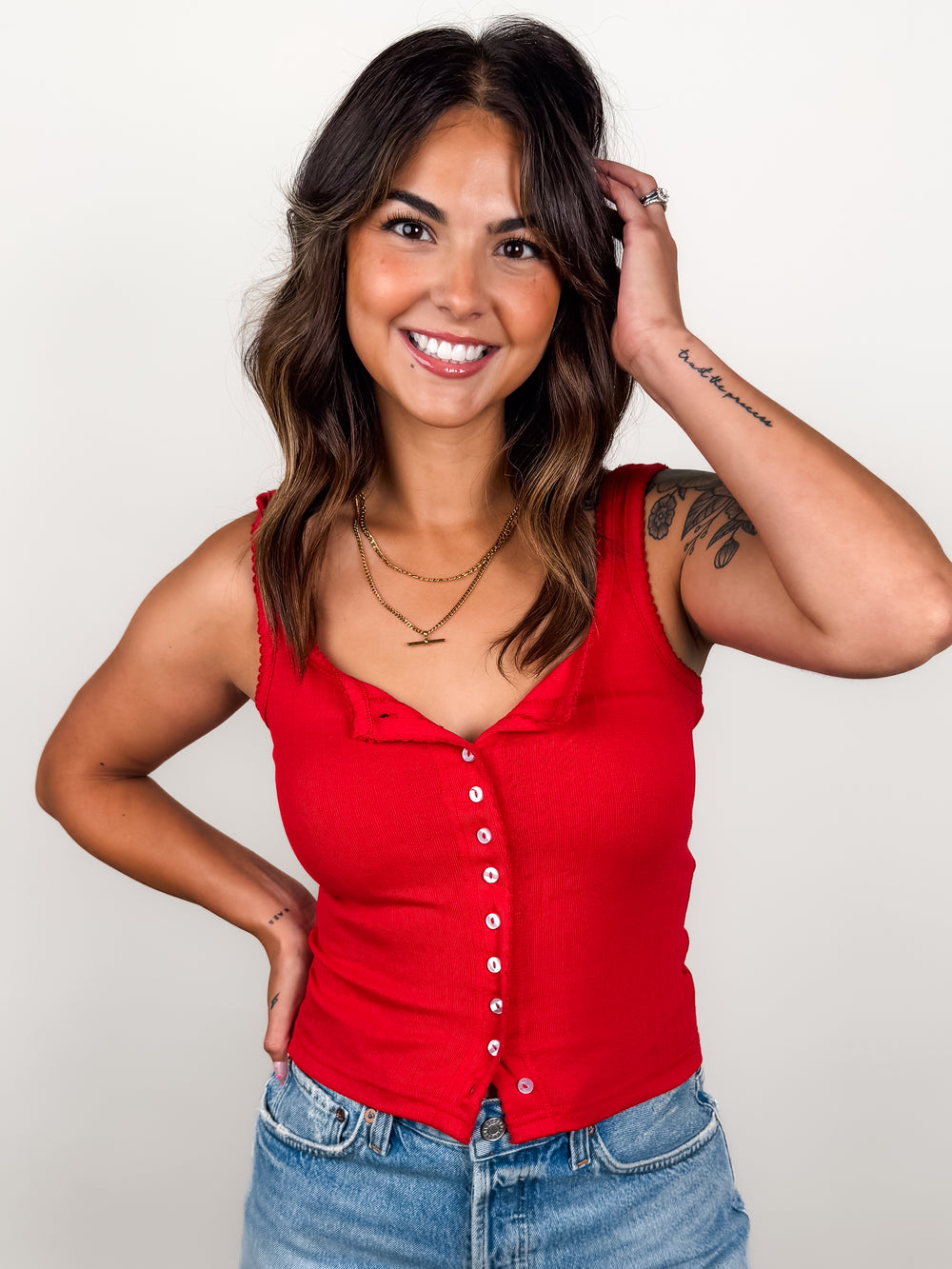 Pointelle Button Front Tank