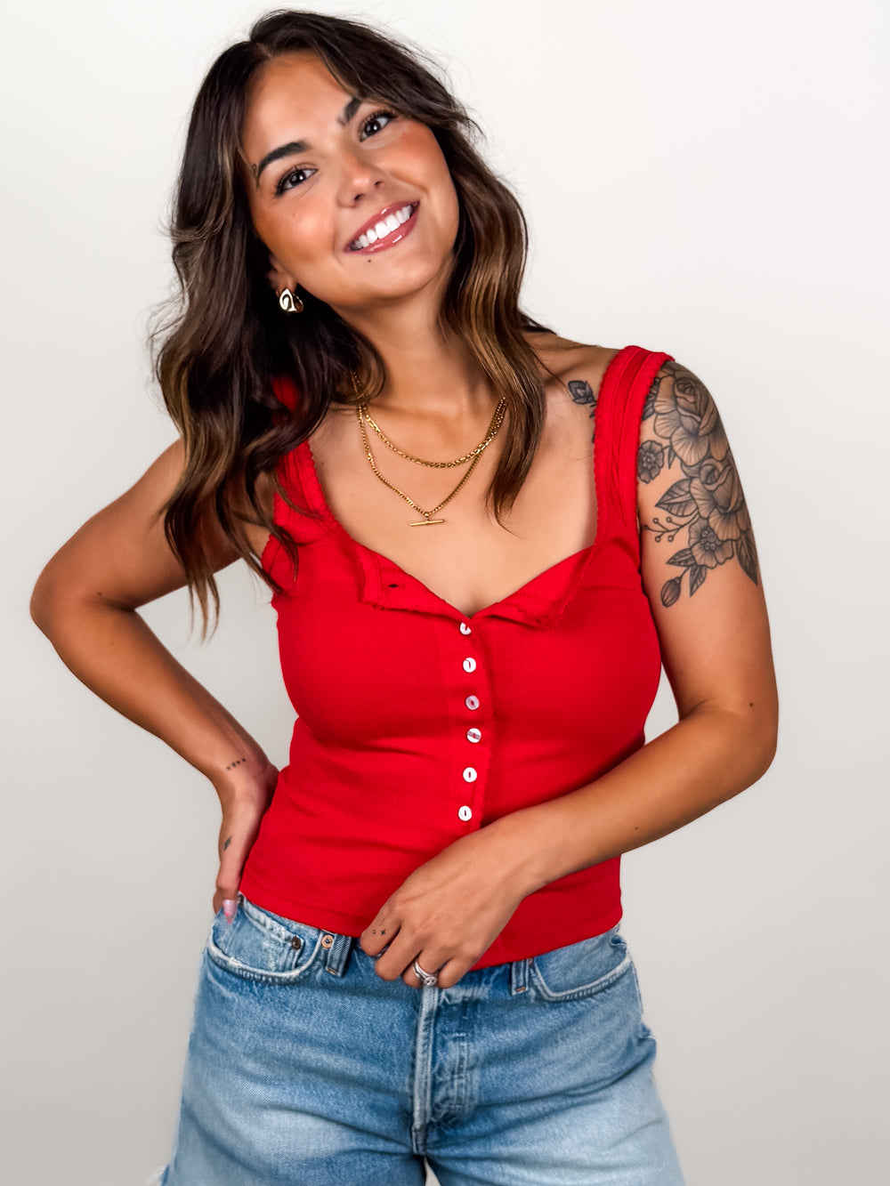 Pointelle Button Front Tank