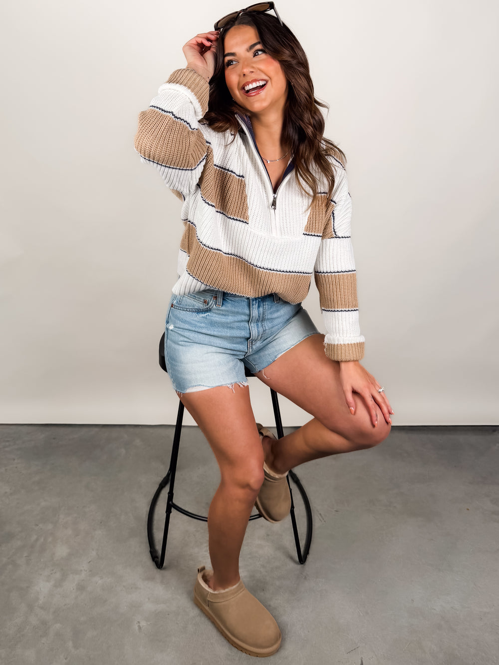 Lightweight striped knit half-zip