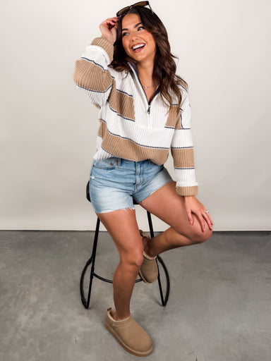 Lightweight striped knit half-zip