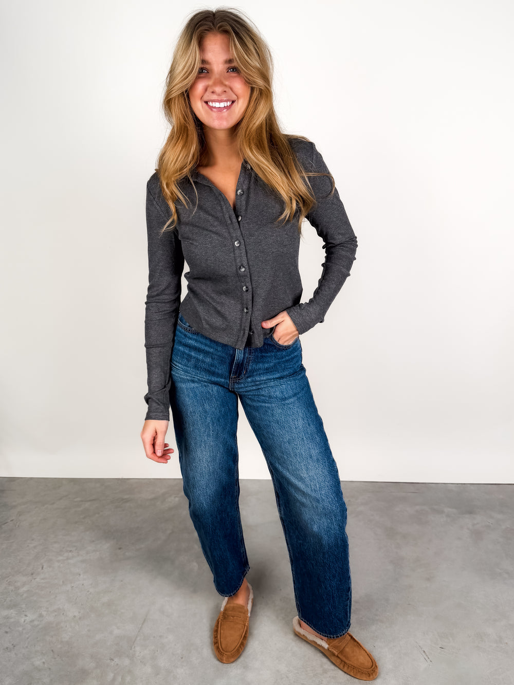 Amee Luxe Rib Long Sleeve Polo