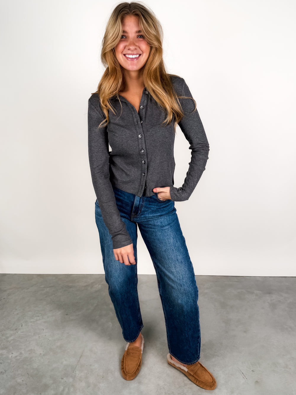 Amee Luxe Rib Long Sleeve Polo