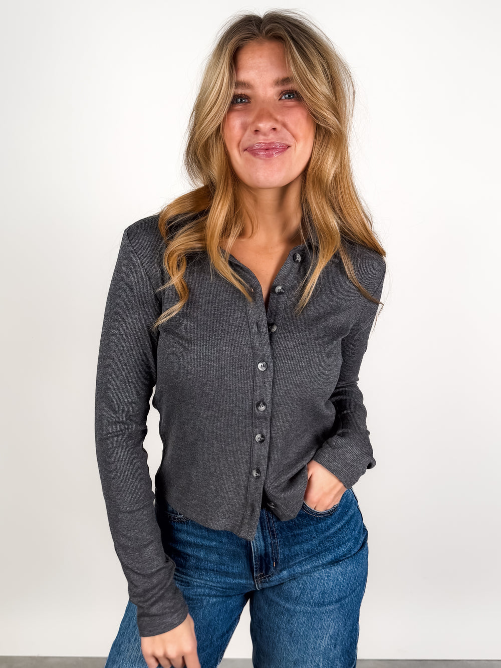 Amee Luxe Rib Long Sleeve Polo