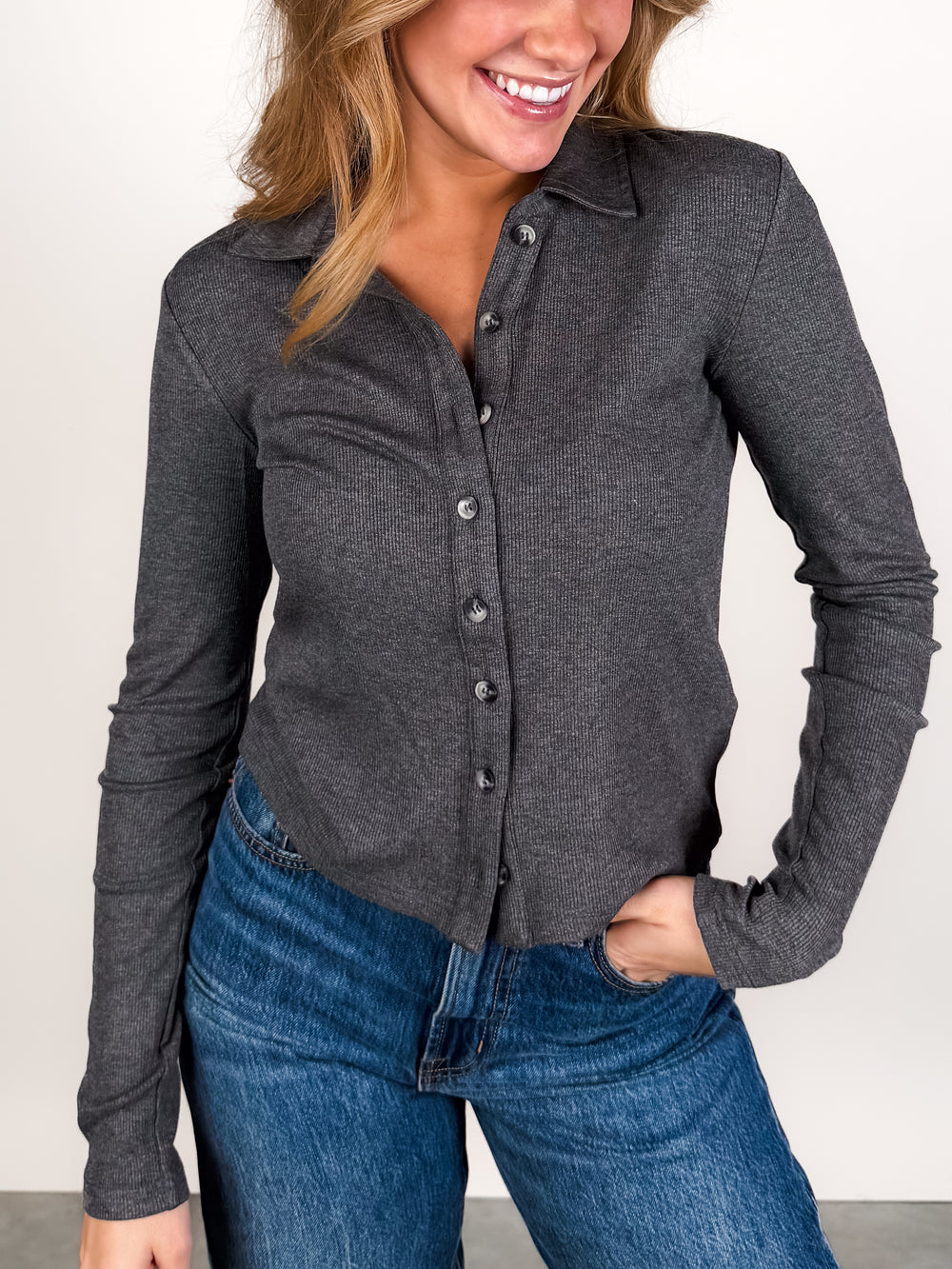 Amee Luxe Rib Long Sleeve Polo