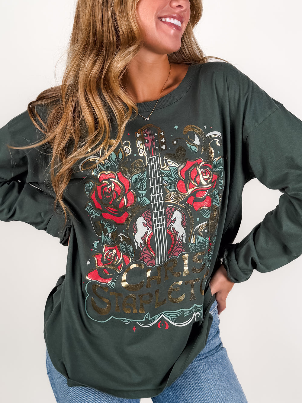 Chris Stapleton Guitar & Roses Merch Long Sleeve