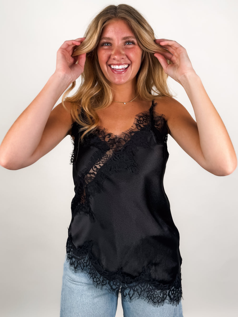 Reila Asymmetric Cami W/ Lace Trim