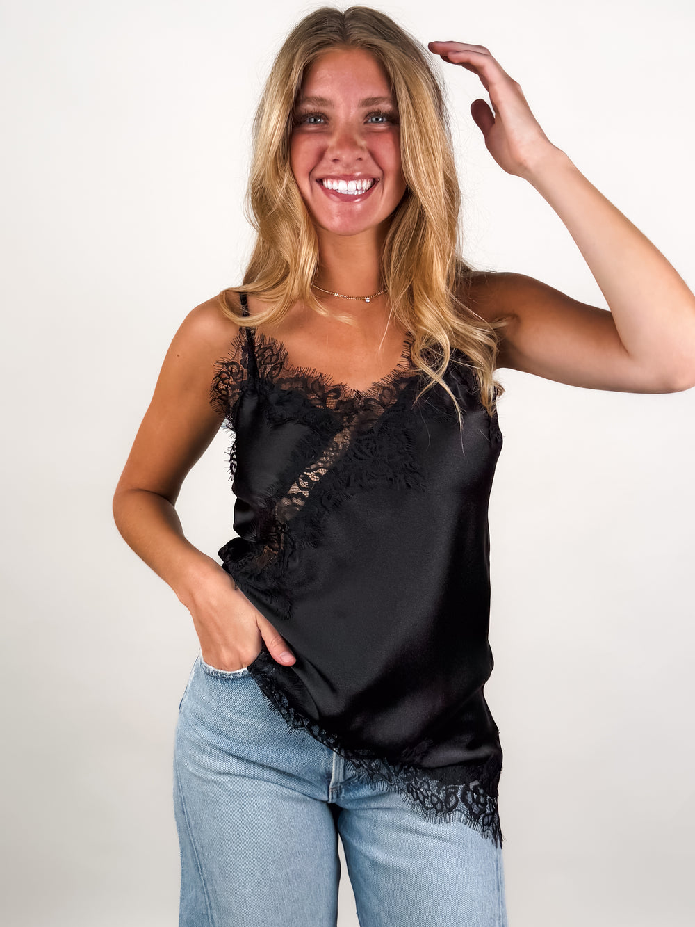 Reila Asymmetric Cami W/ Lace Trim