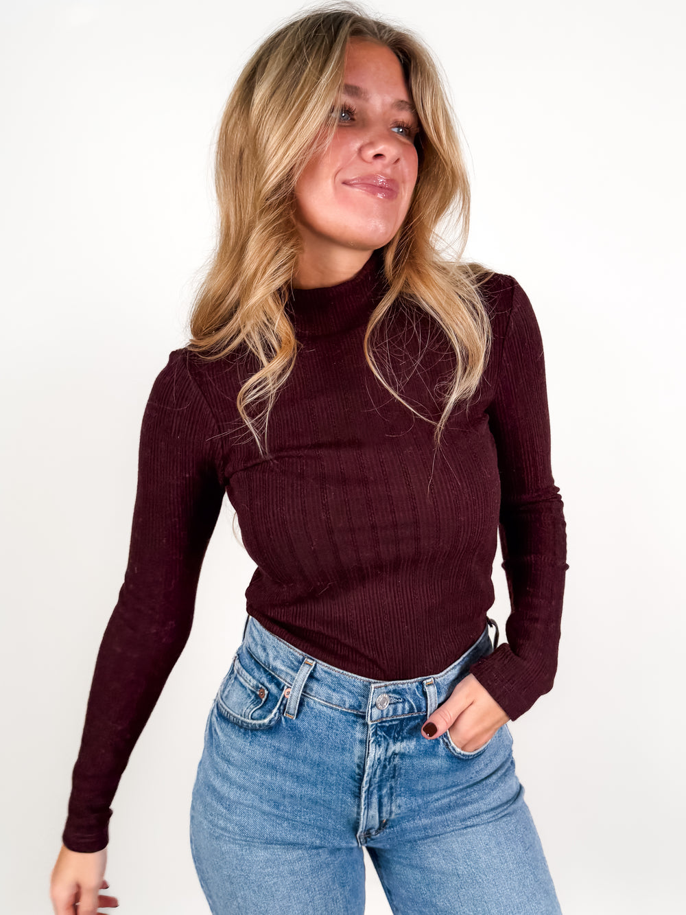 Maroon Ribbed Mock neck