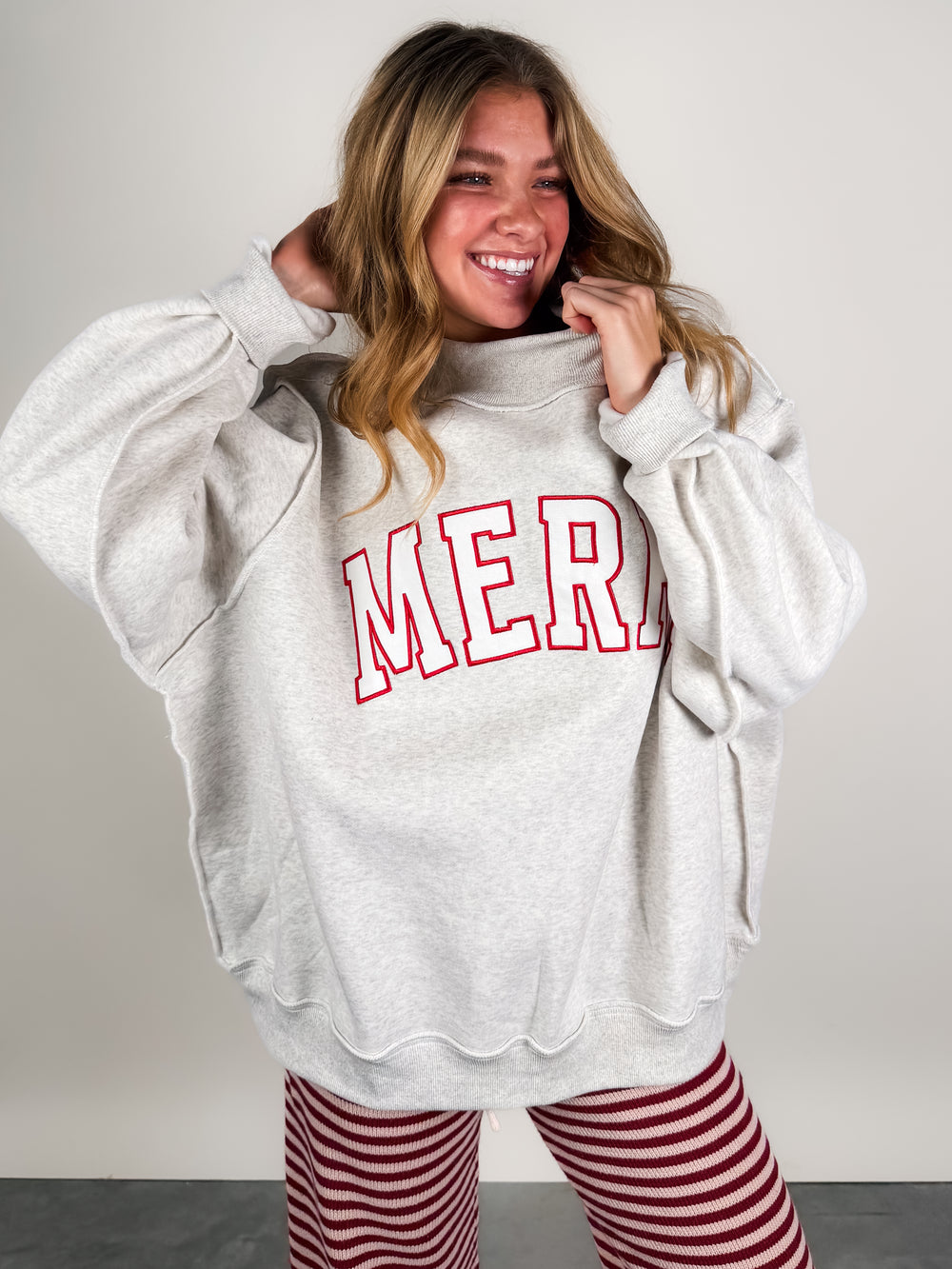 Merry Embroidered Mock Neck Sweatshirt