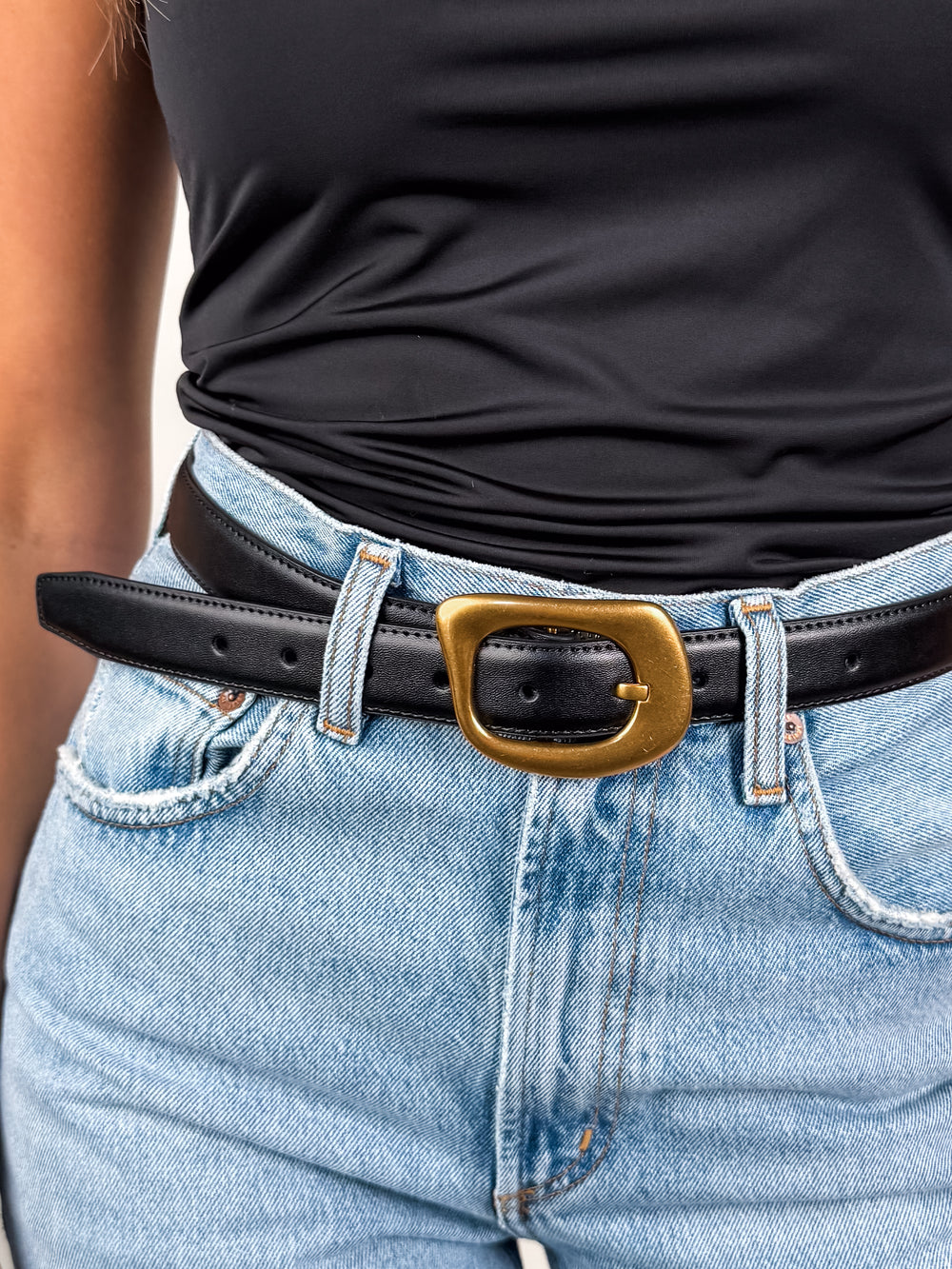 Stitched Clean Leather Belt W/ Assymetrical Pin Buckle