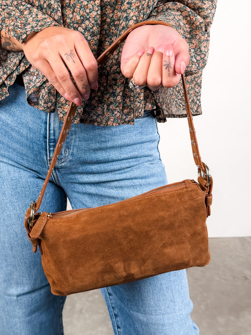 Suede Leather Shoulder Bag W/Studded Strap