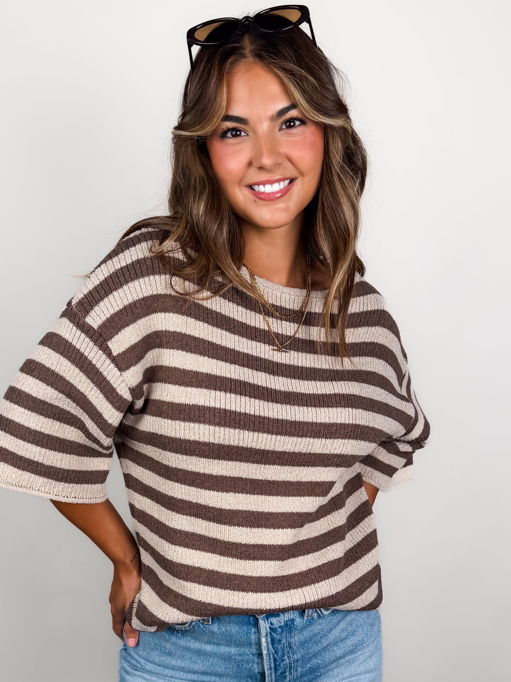 striped short sleeve sweater