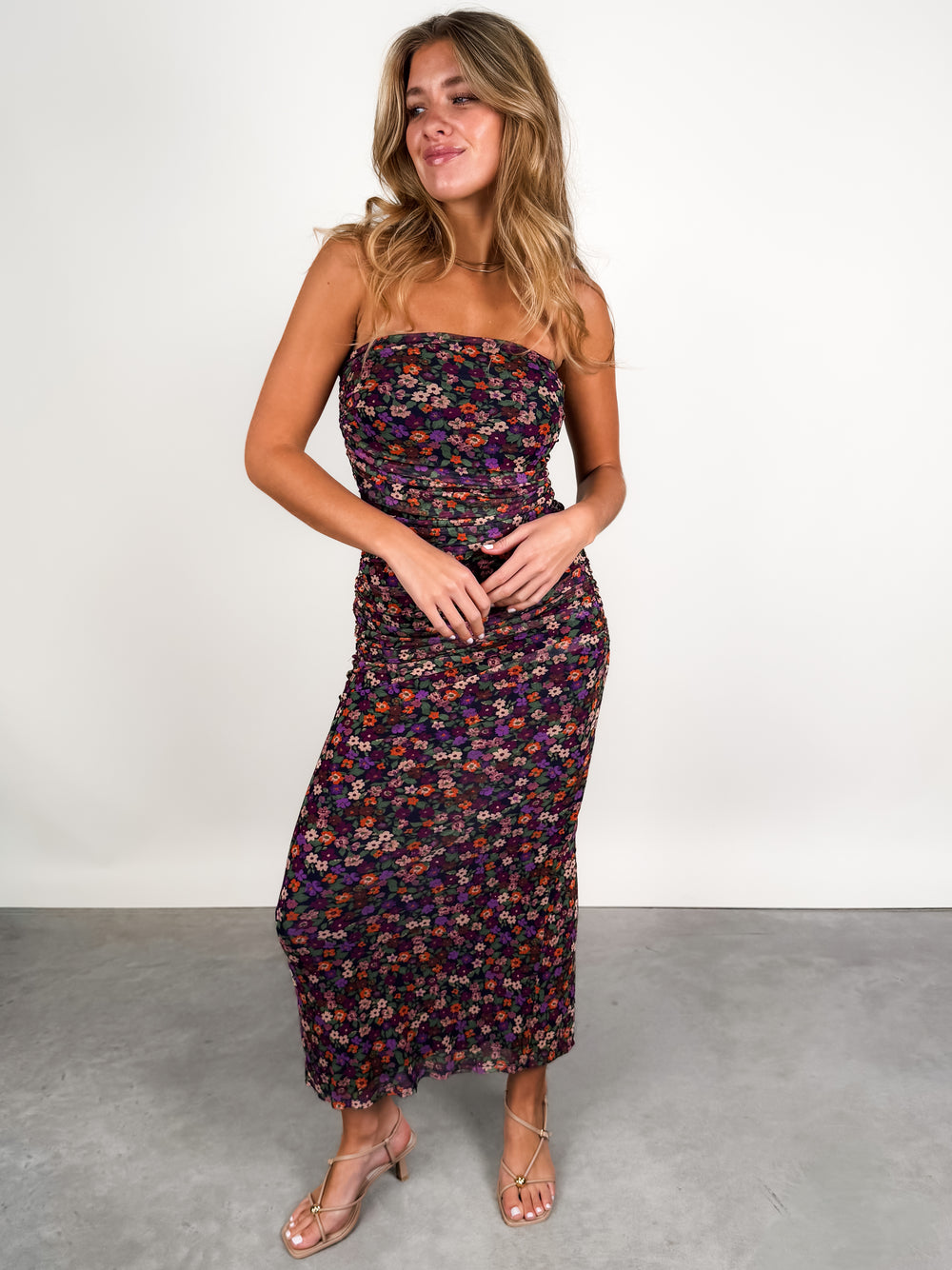 Axelle Floral Mesh Rouched Tube Maxi Dress