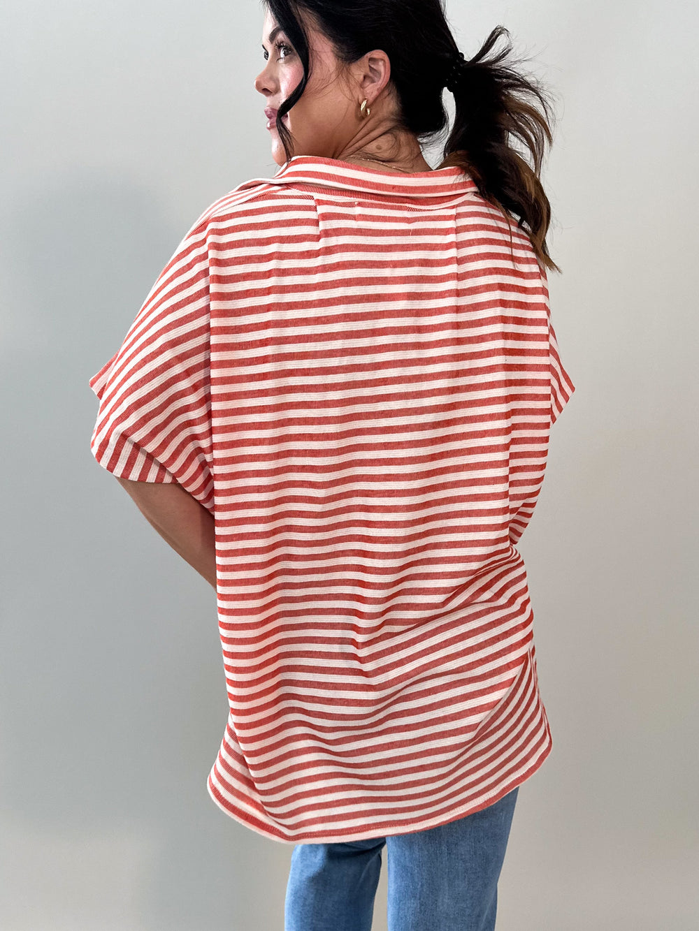 Hi Low Dolman Oversized Striped Collared Blouse