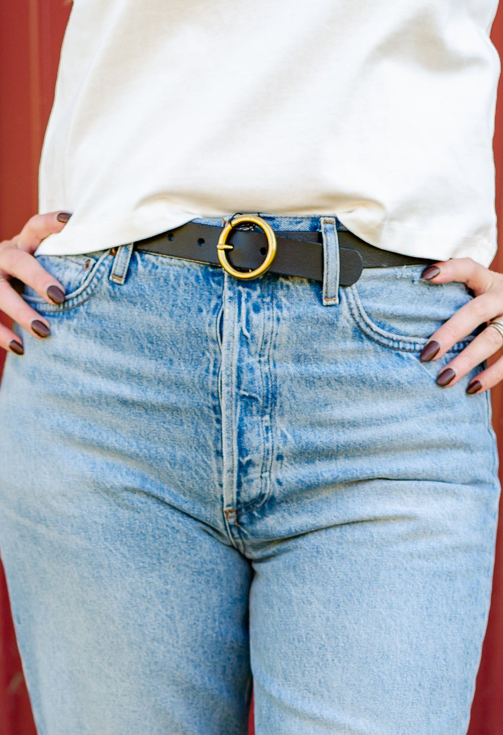 Brass Toned Circle Buckle Leather Belt