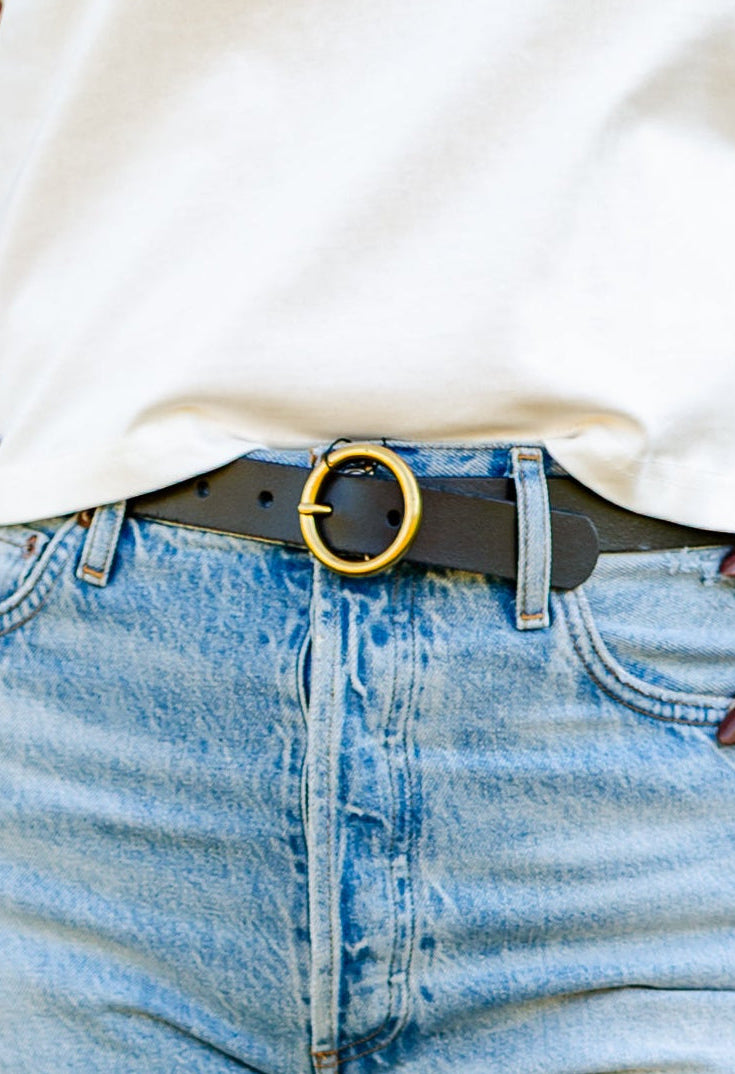 Brass Toned Circle Buckle Leather Belt