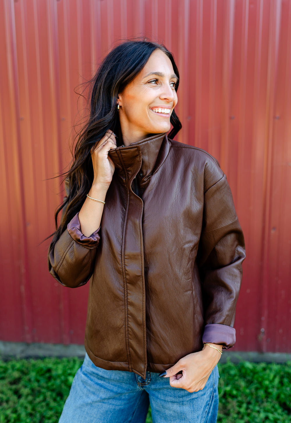 Wren Drop Shoulder PU Leather High Collar Jacket