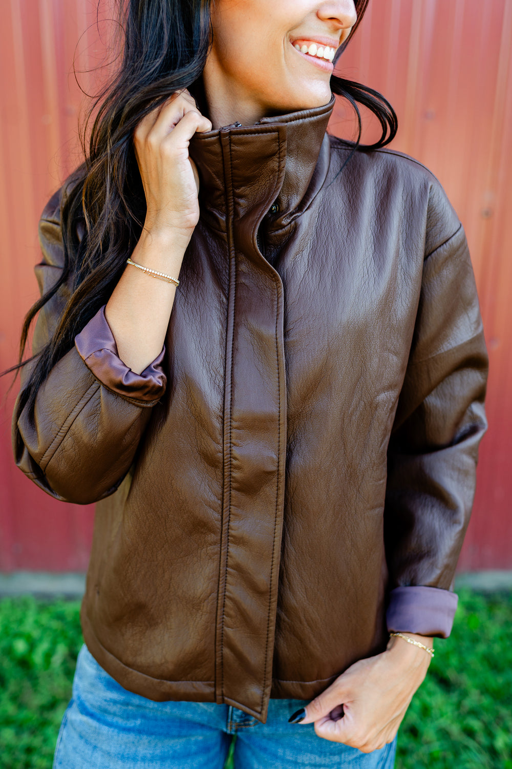 Wren Drop Shoulder PU Leather High Collar Jacket