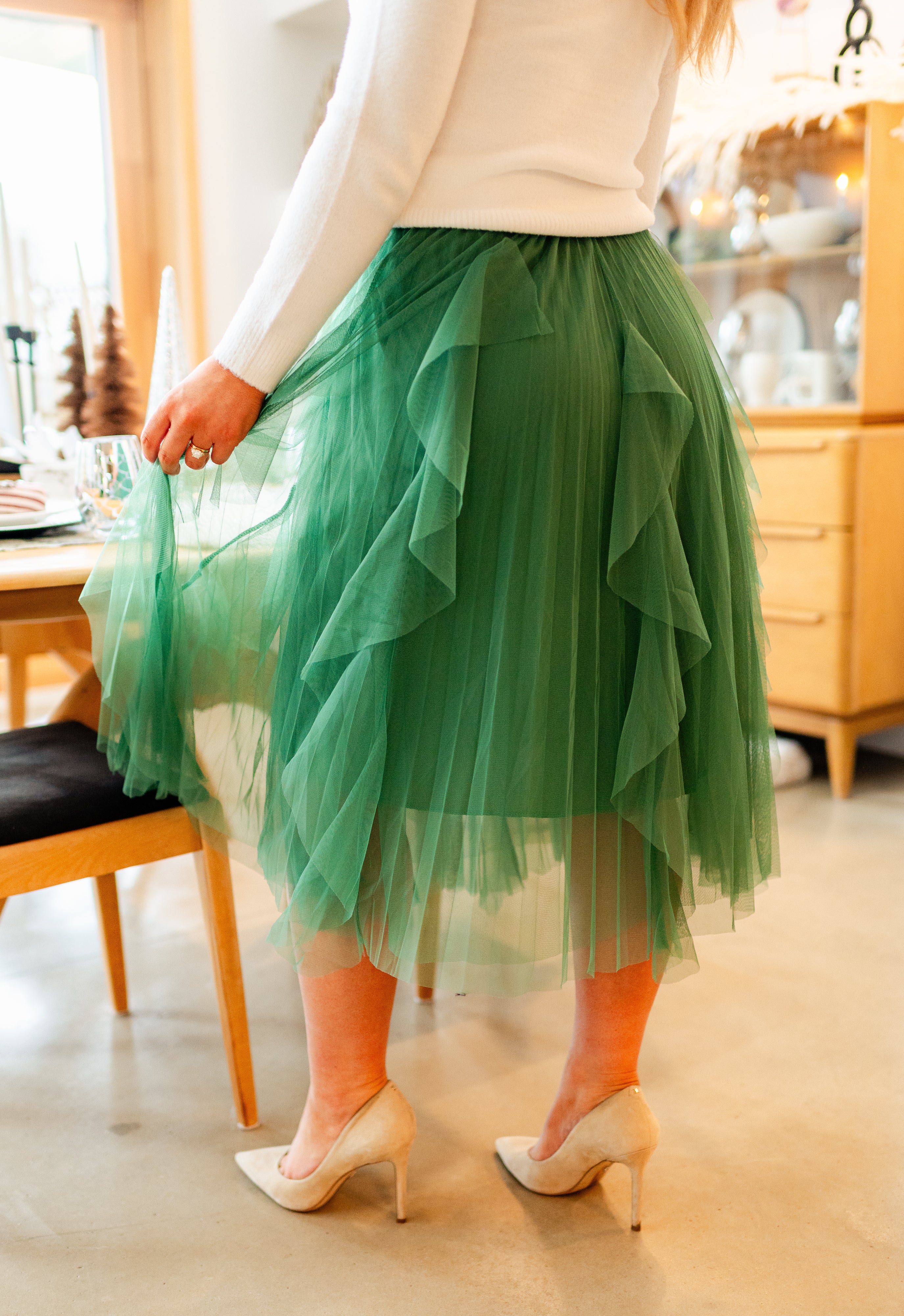 Pleated Ruffled Tulle Midi Skirt